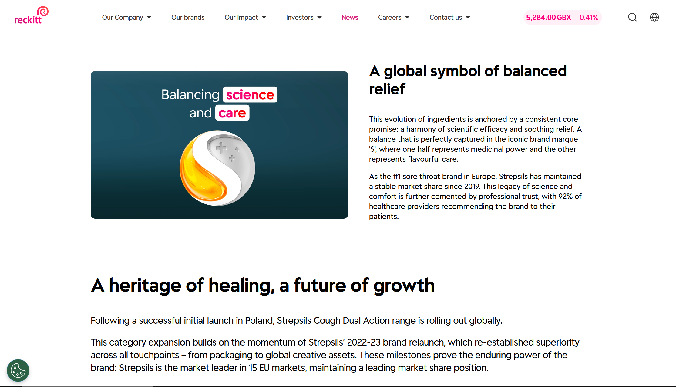 Screenshot of the reckitt website showing article published